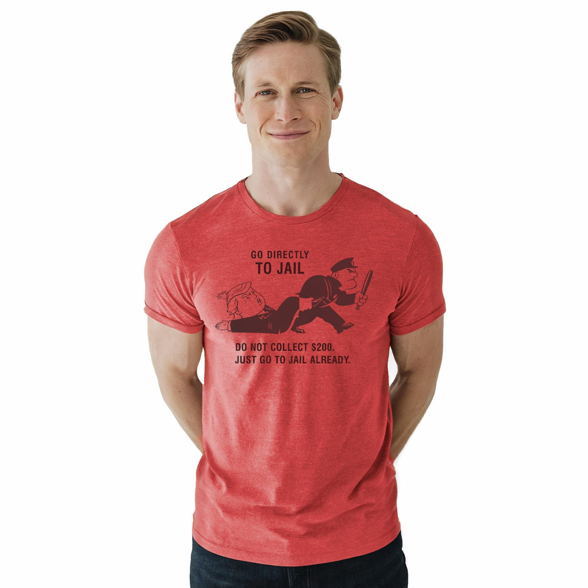 Go Directly To Jail Funny Staple T-shirt in Red Heather On Model - Front View