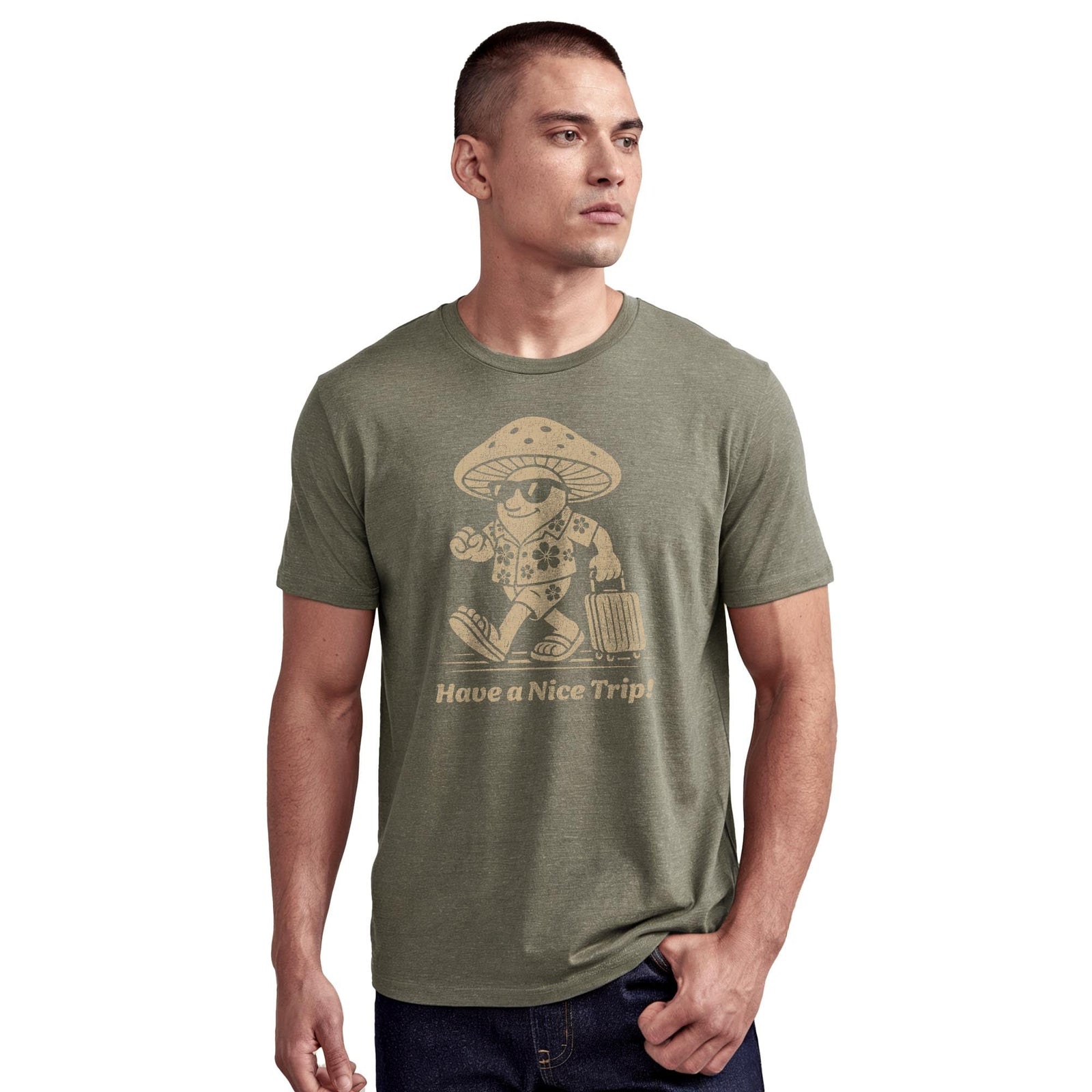Have A Nice Trip Funny Staple T-shirt in Olive Heather On Model - Front View