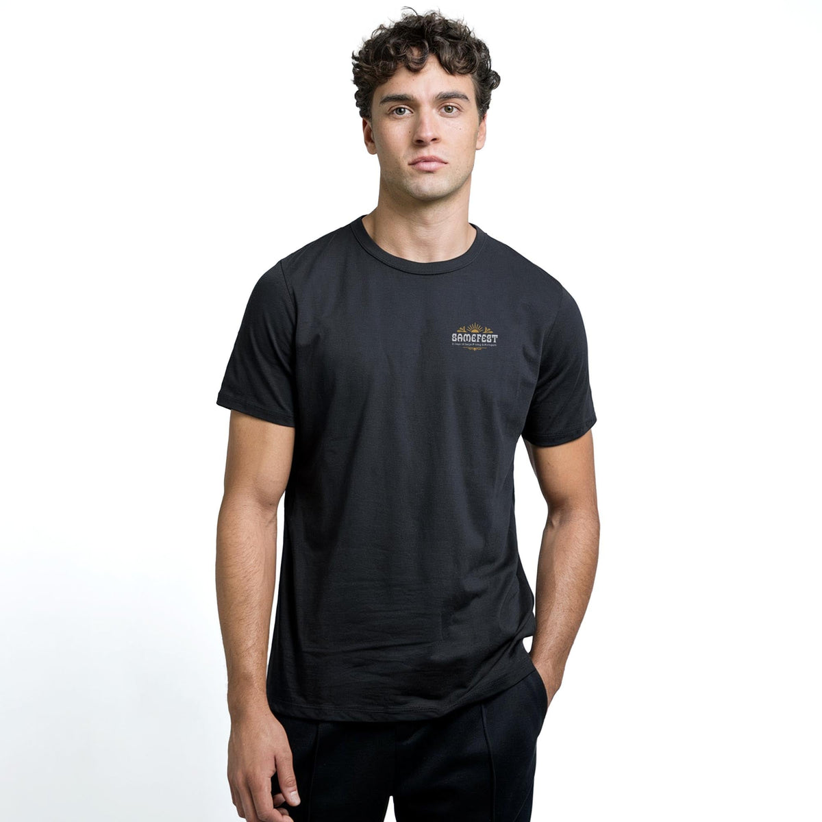 Samefest Funny Staple T-shirt in Black On Model - Front View