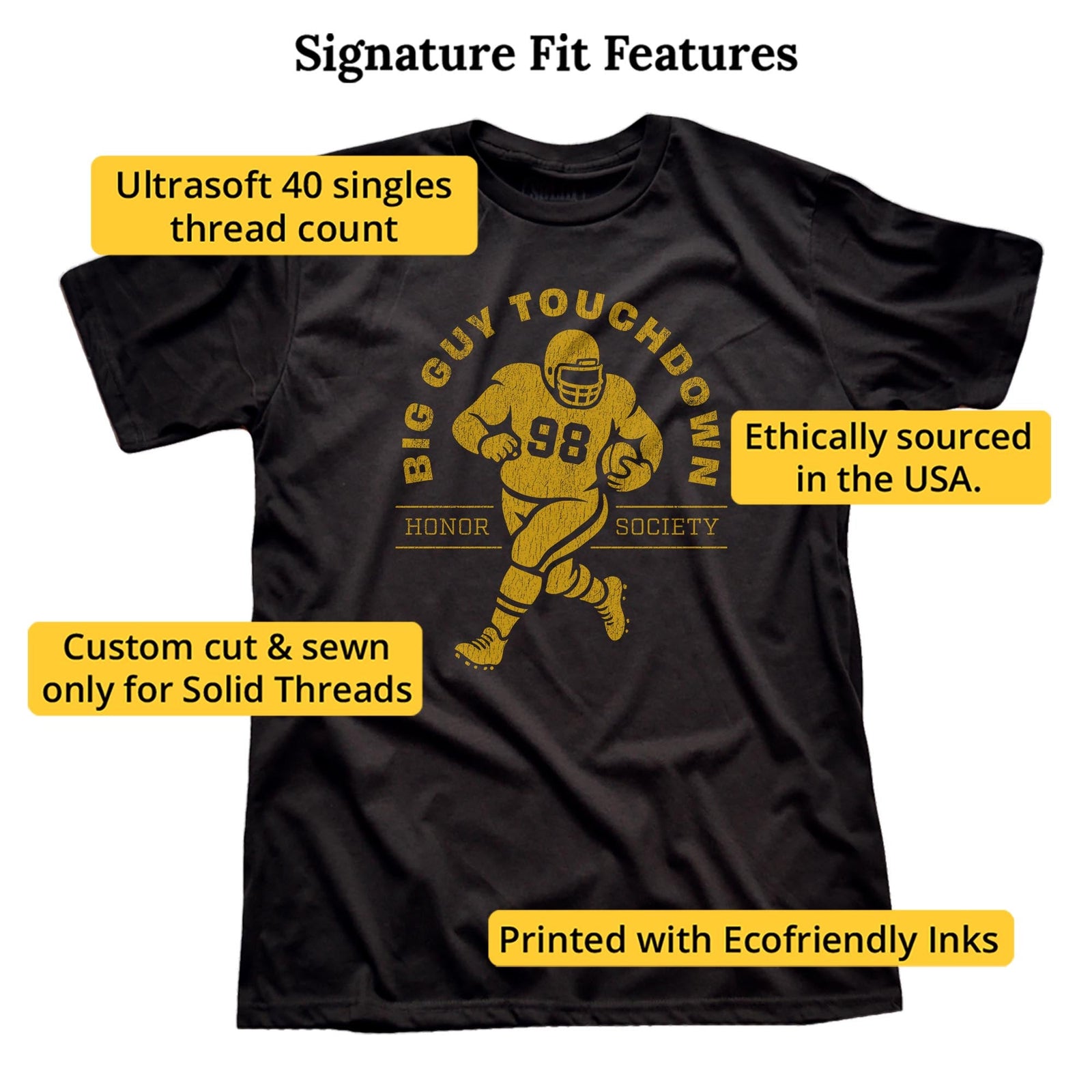 Big Guy Touchdown Funny Signature T-shirt in Black - Fit Attributes