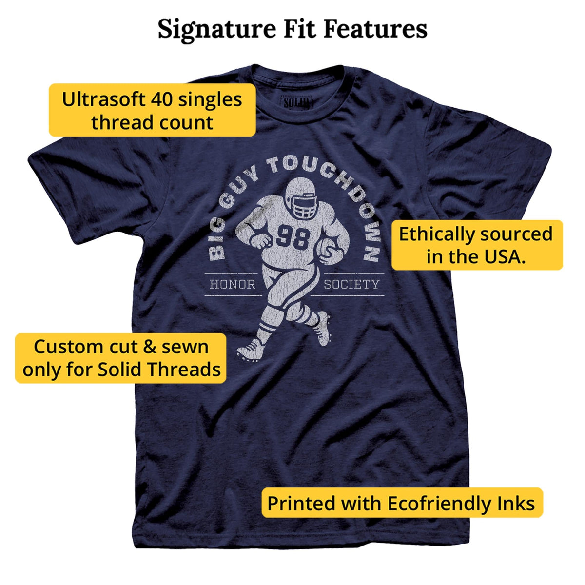 Big Guy Touchdown Funny Signature T-shirt in Navy - Fit Attributes