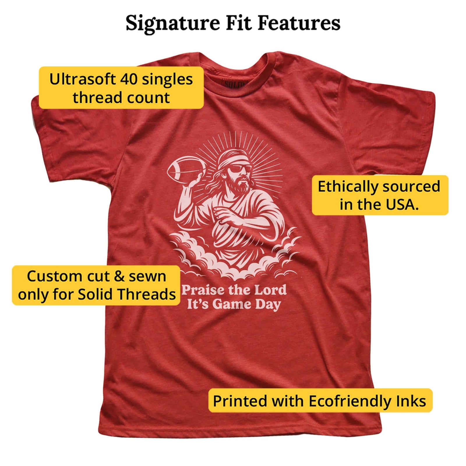 Praise The Lord Its Gameday Funny Signature T-shirt in Red - Fit Attributes