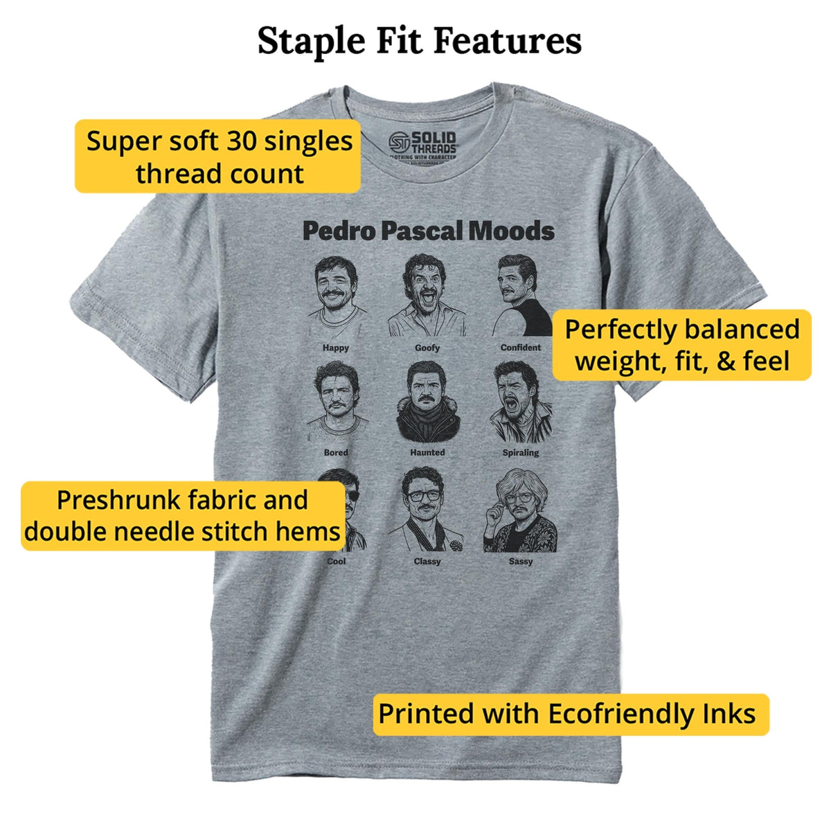 Pedro Pascal Moods Cool Staple T-shirt in Ash Heather - Fit Attributes