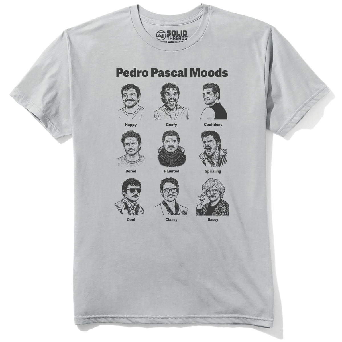 Pedro Pascal Moods Cool Staple T-shirt in Silver - Front View