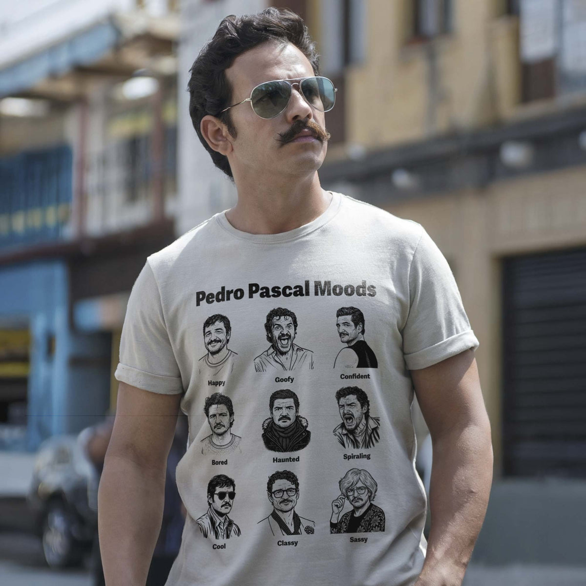 Men's Pedro Pascal Moods Cool Graphic T-Shirt | Funny Pop Culture Tee On Model | Solid Threads