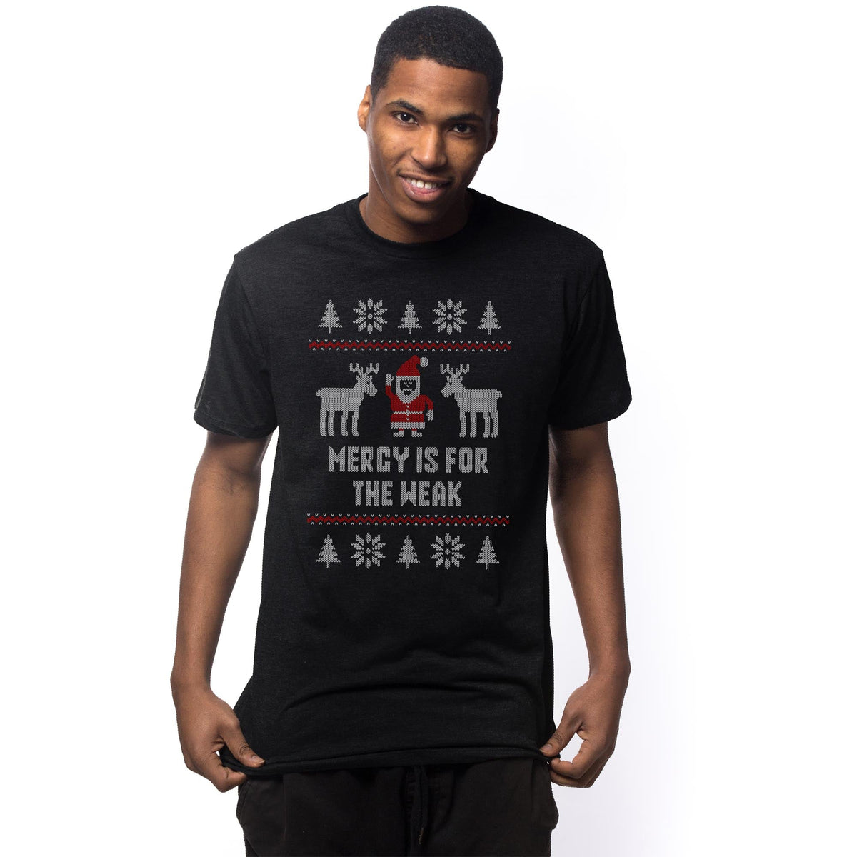 Mercy Is For The Weak Funny Signature T-shirt in Black On Model - Front View