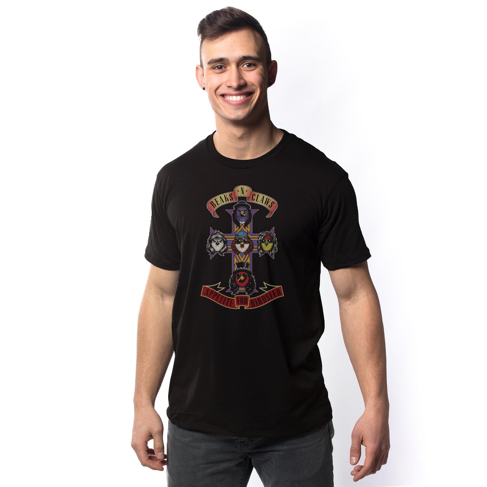 Appetite For Birdseed Funny Signature T-shirt in Black On Model - Front View