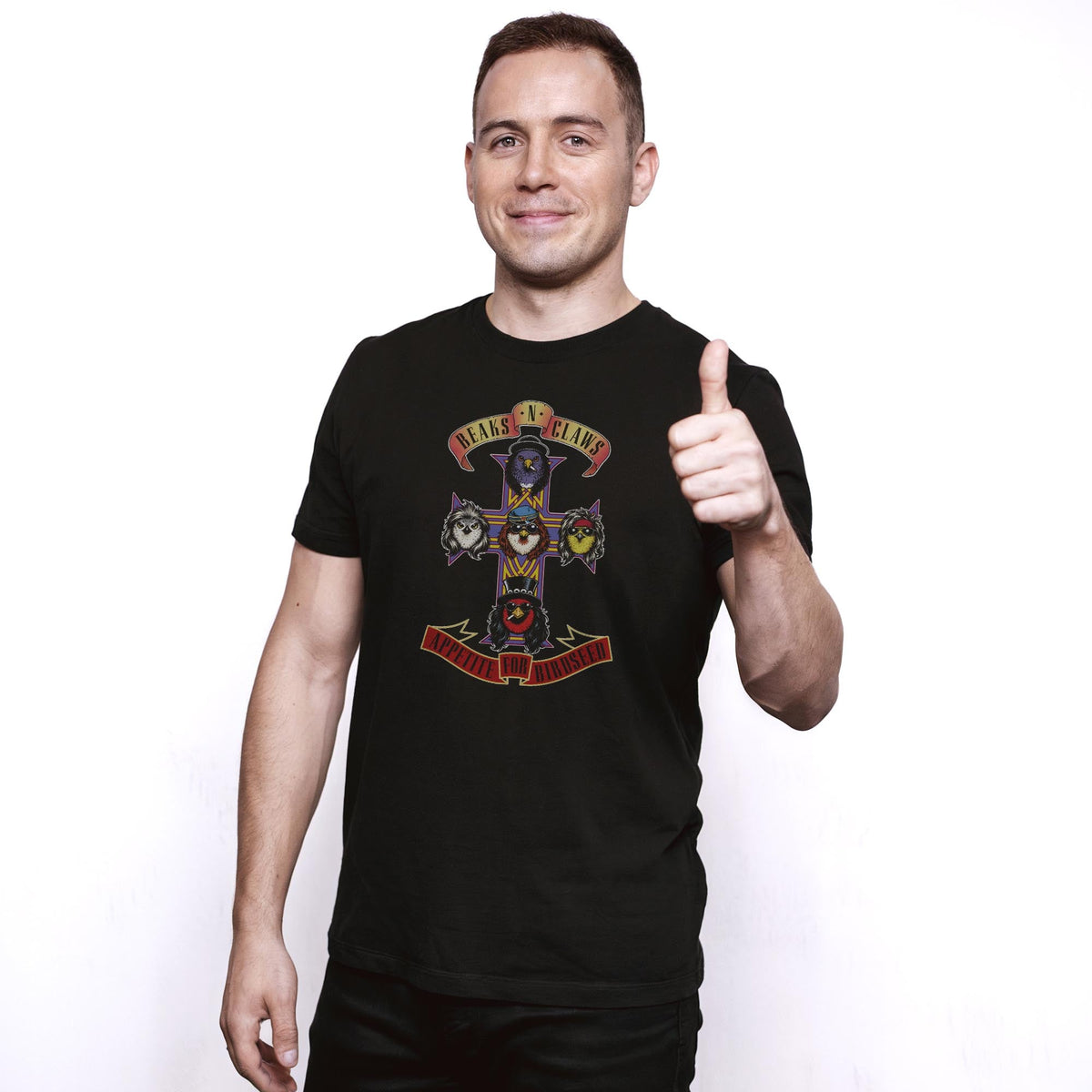 Appetite For Birdseed Funny Staple T-shirt in Black On Model - Front View