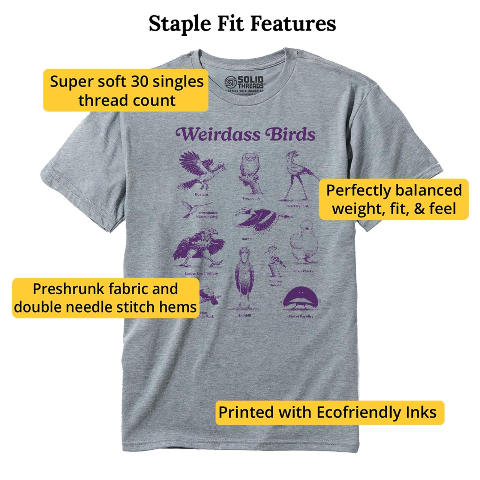 Weirdass Birds Funny Staple T-shirt in Ash Heather - Fit Attributes