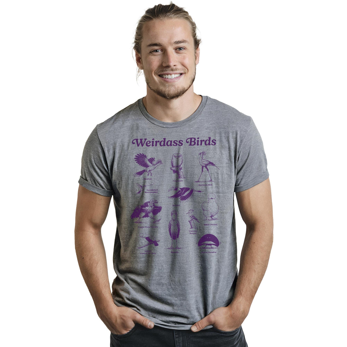 Weirdass Birds Funny Staple T-shirt in Ash Heather On Model - Front View