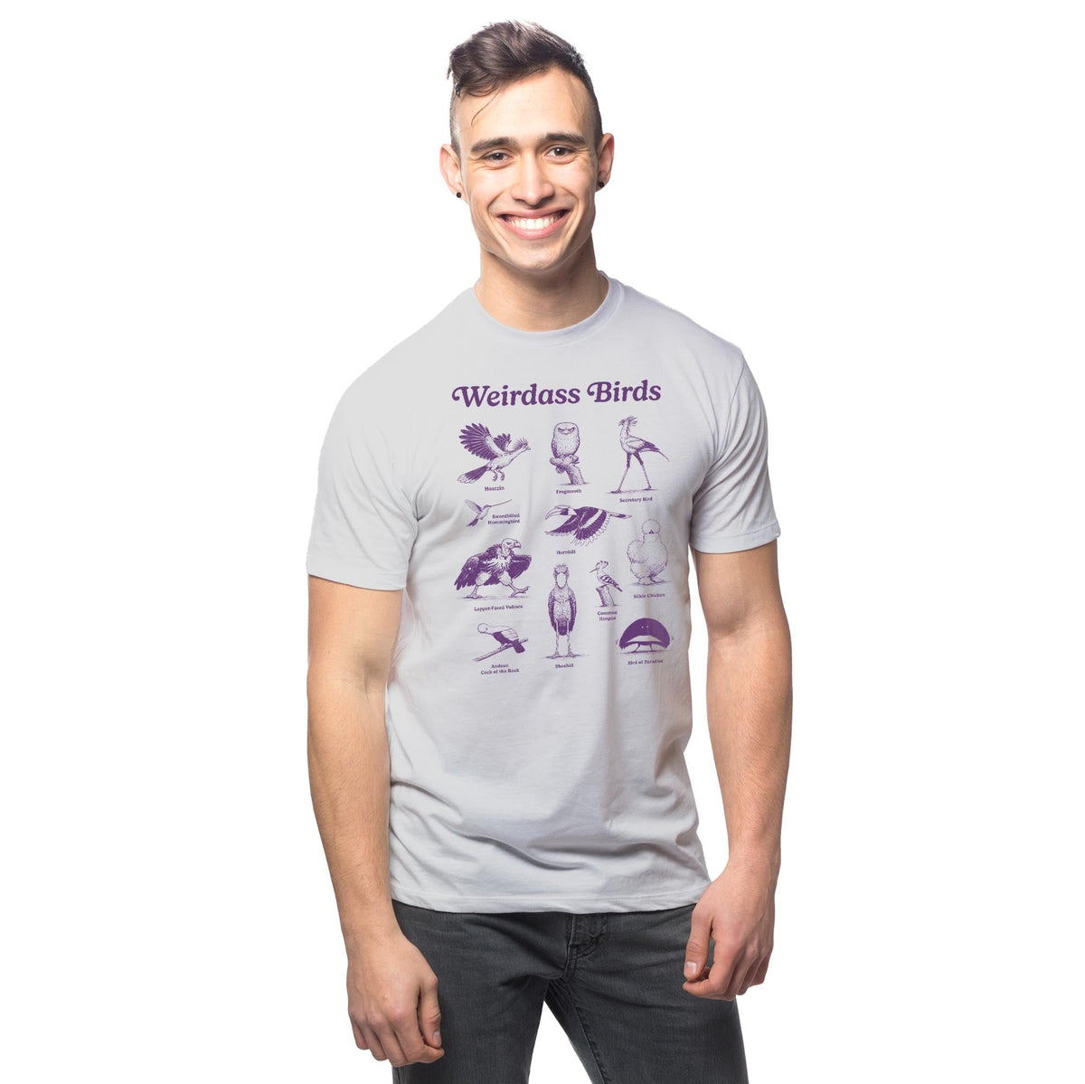 Weirdass Birds Funny Signature T-shirt in Silver On Model - Front View