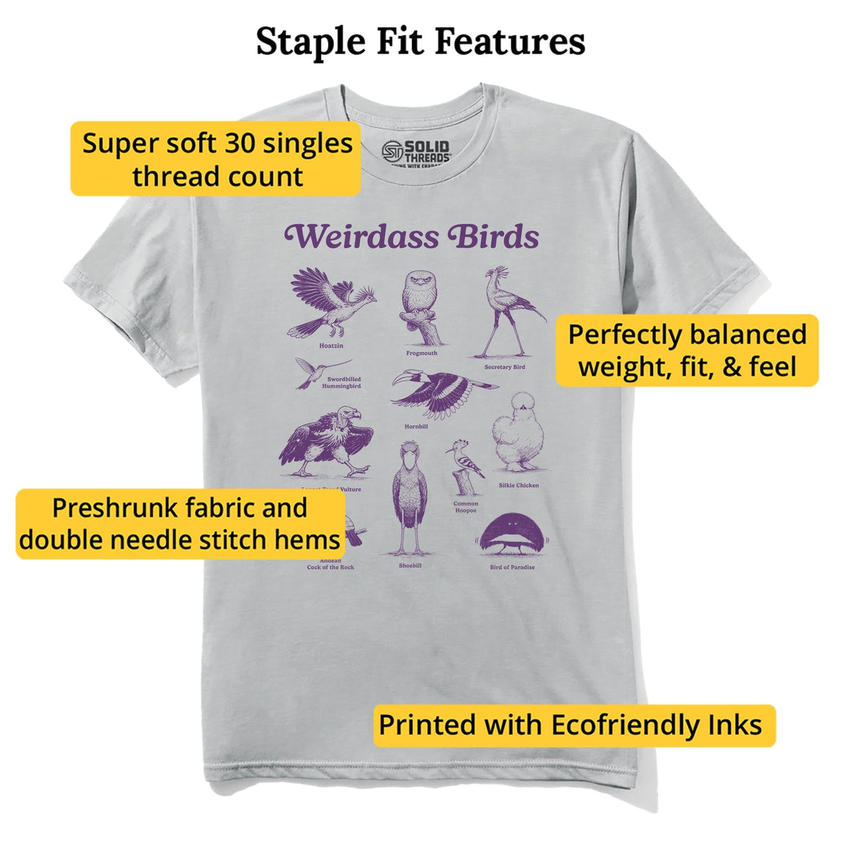 Weirdass Birds Funny Staple T-shirt in Silver - Fit Attributes