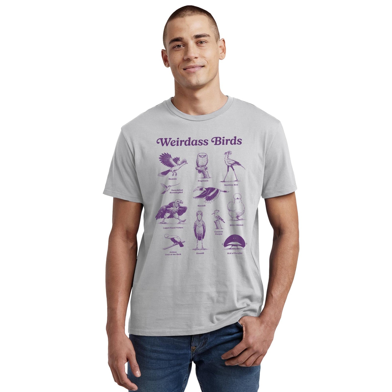 Weirdass Birds Funny Staple T-shirt in Silver On Model - Front View