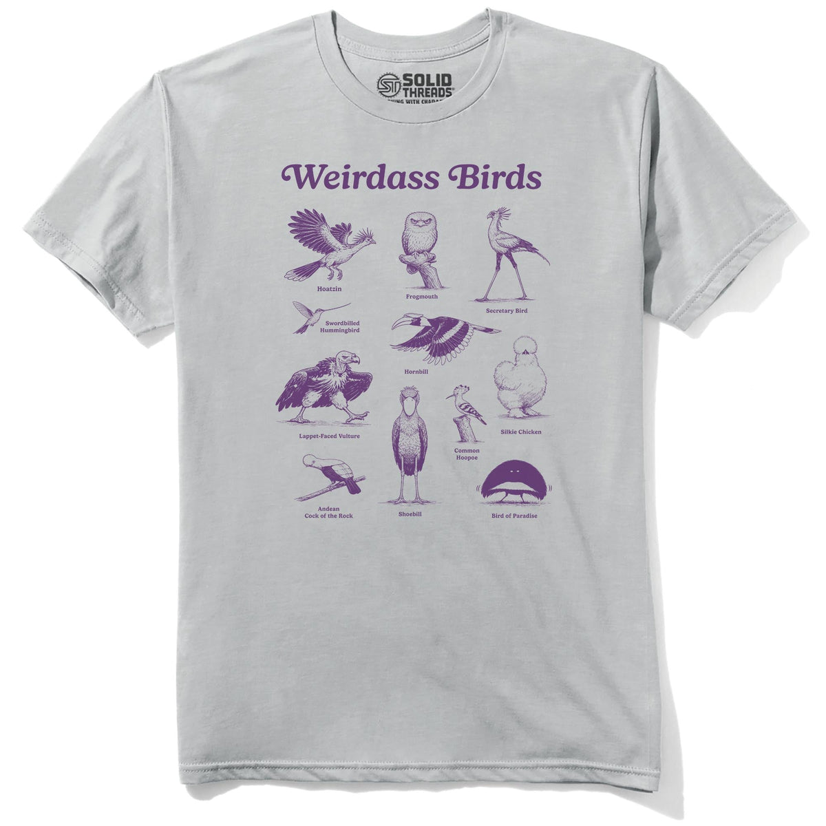 Weirdass Birds Funny Staple T-shirt in Silver - Front View