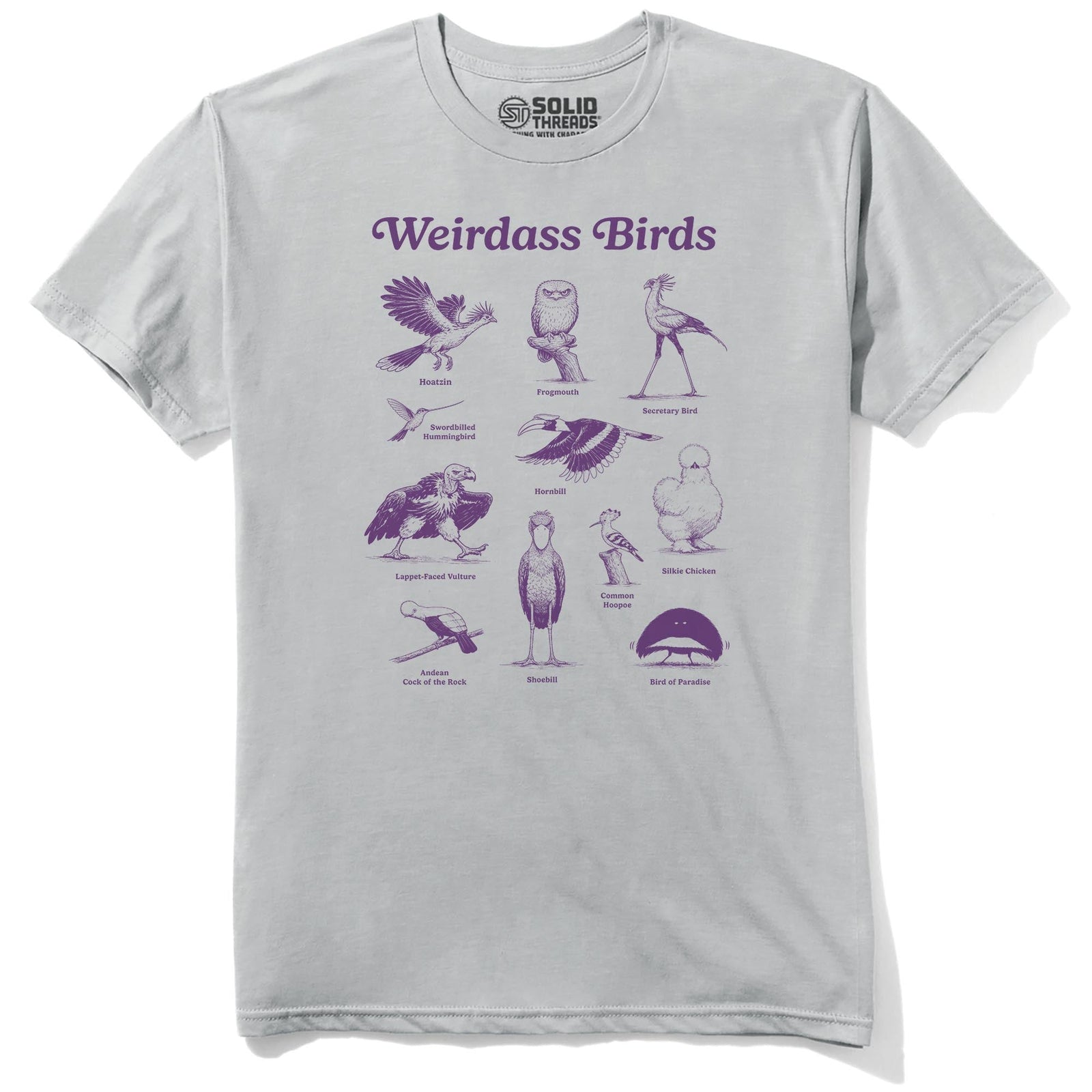 Weirdass Birds Funny Staple T-shirt in Silver - Front View