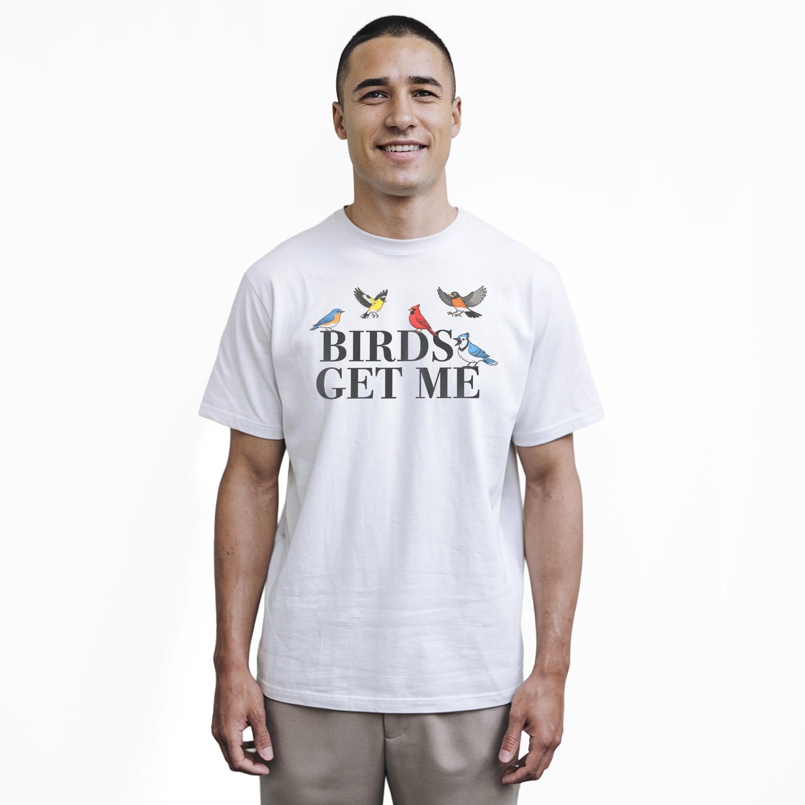 Birds Get Me Vintage Staple T-shirt in White On Model - Front View