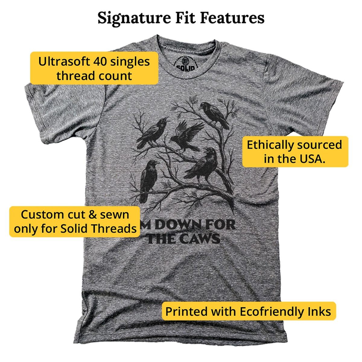 Down for the Caws Funny Signature T-shirt in Triblend Grey - Fit Attributes