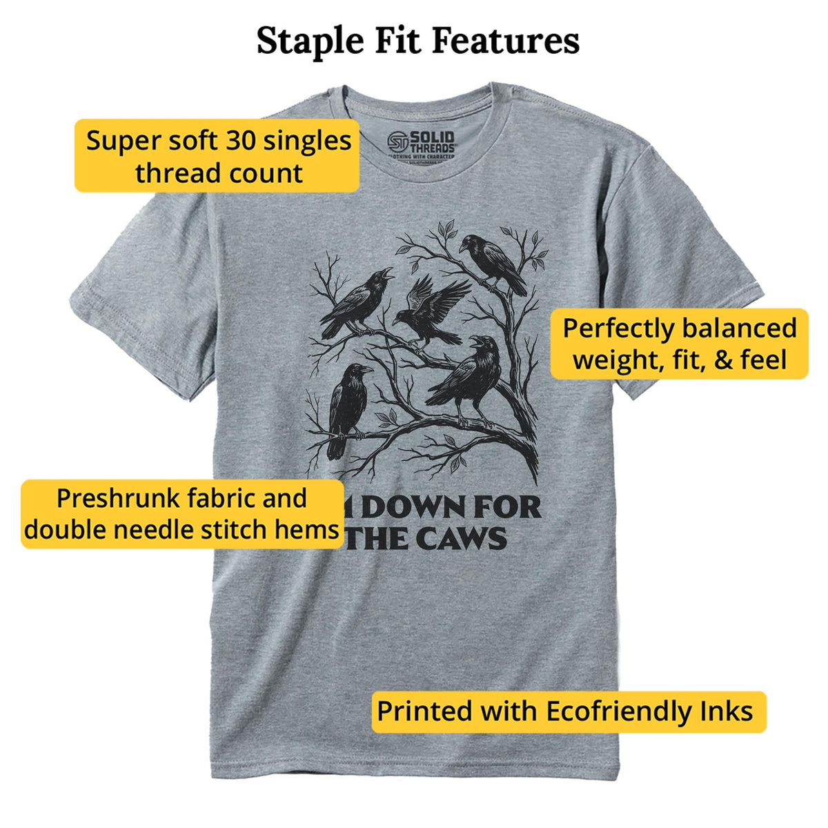 Down for the Caws Funny Staple T-shirt in Ash Heather - Fit Attributes