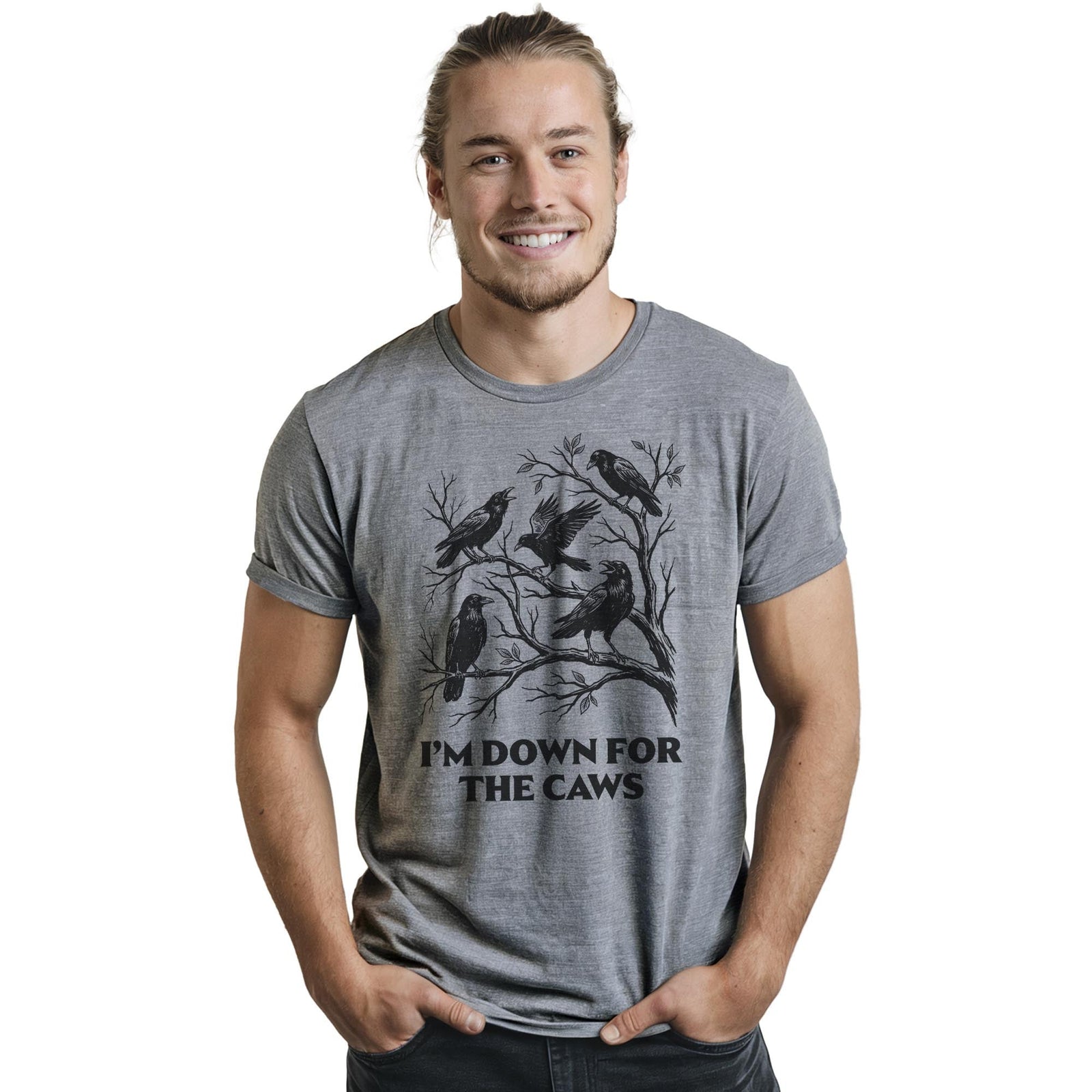 Down for the Caws Funny Staple T-shirt in Ash Heather On Model - Front View