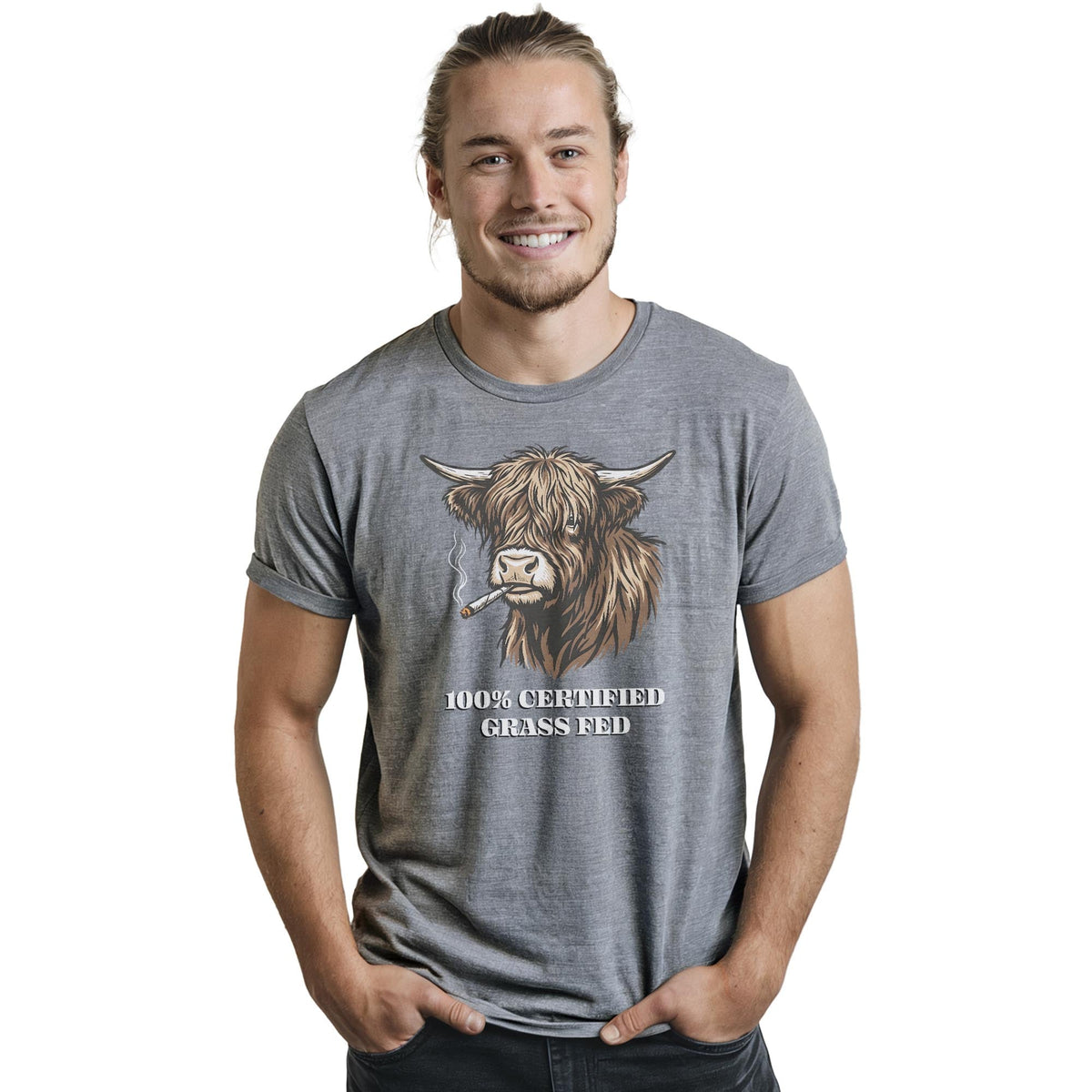 Certified Grass Fed Funny Staple T-shirt in Ash Heather On Model - Front View