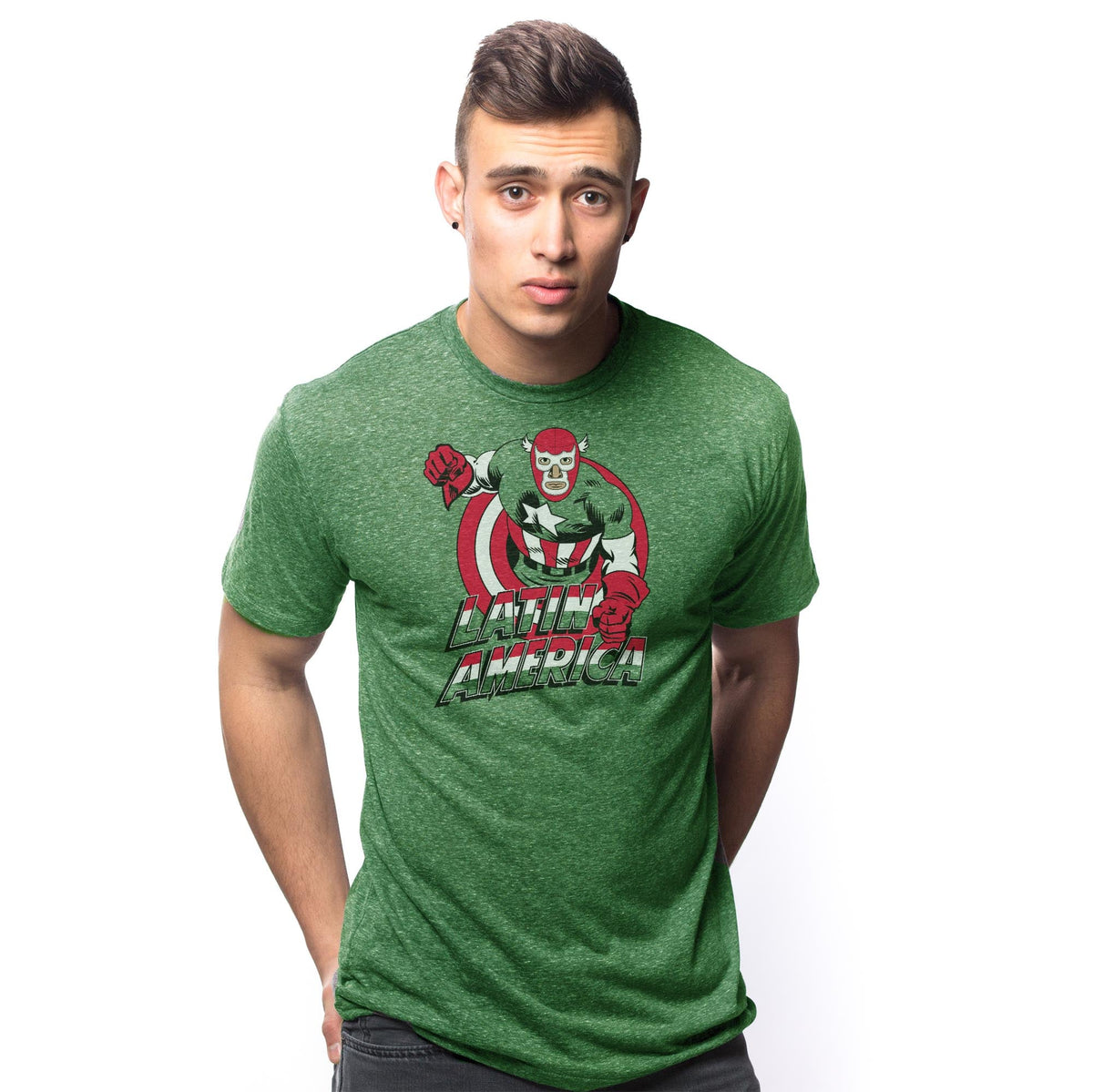 Latin America Funny Signature T-shirt in Triblend Kelly On Model - Front View