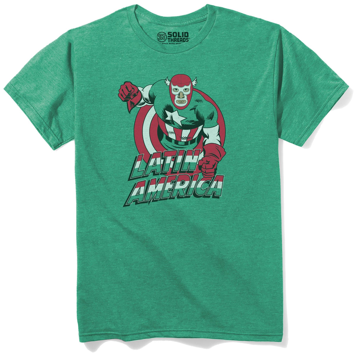 Latin America Funny Staple T-shirt in Kelly Heather - Front View