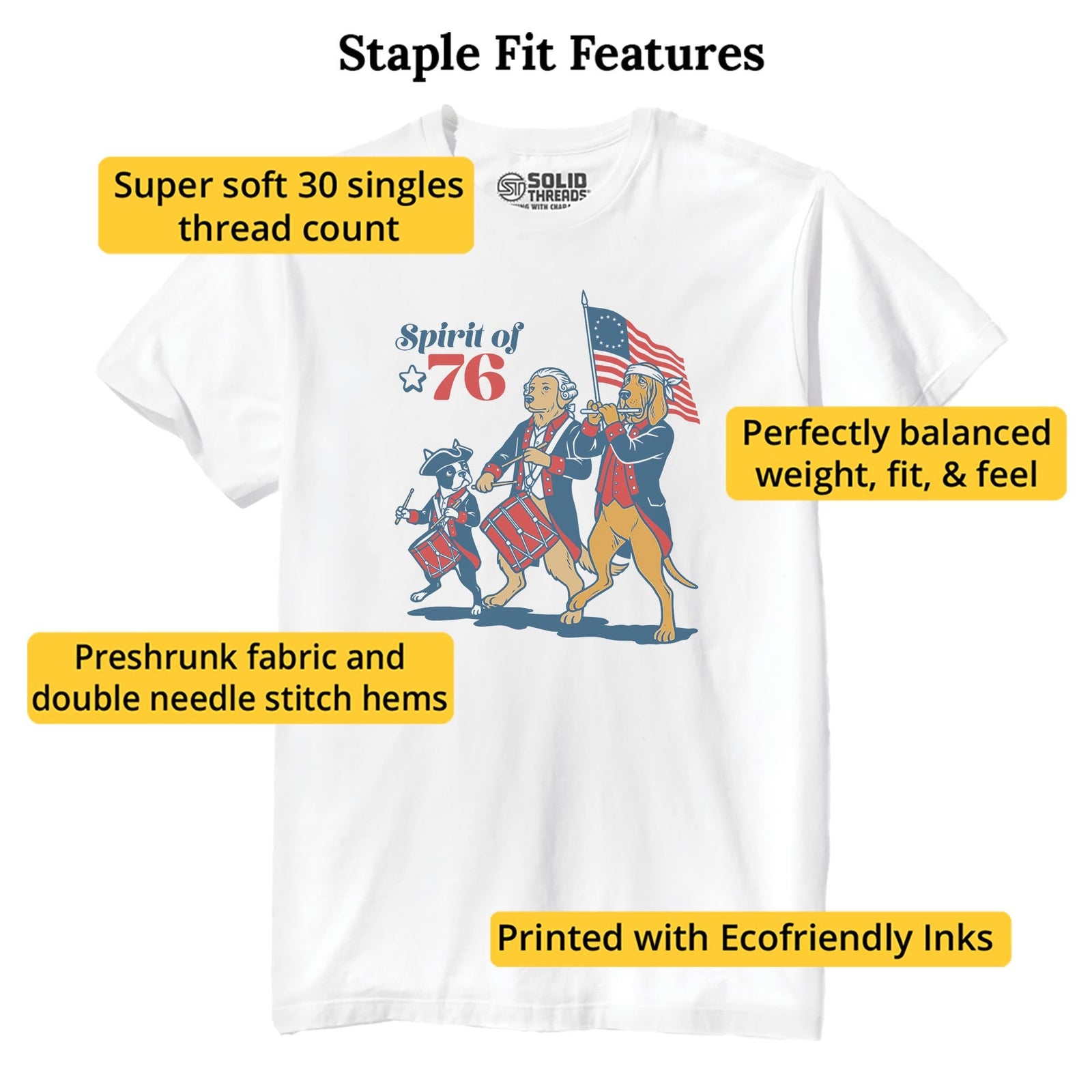 Founding Furballs Funny Staple T-shirt in White - Fit Attributes