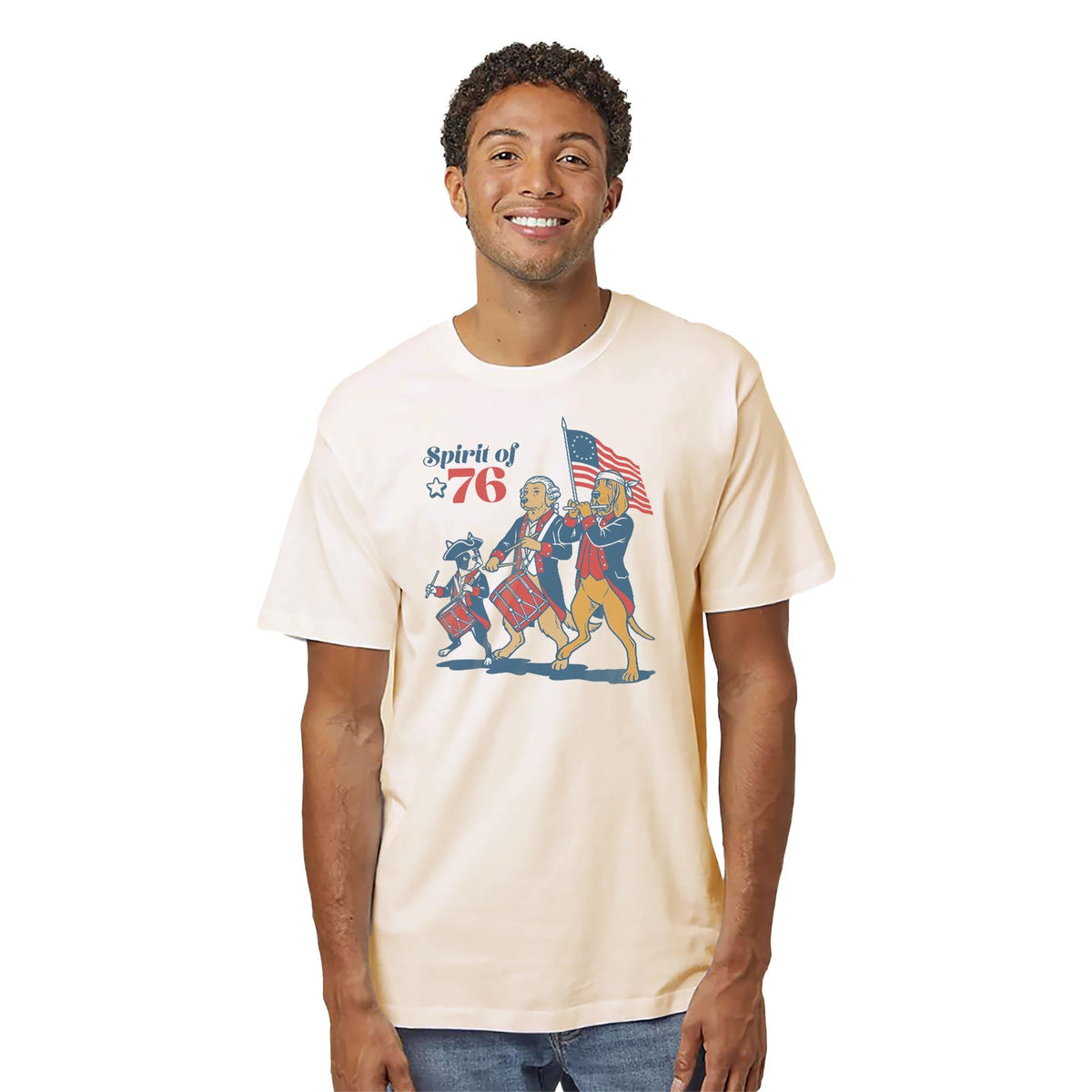 Founding Furballs Funny Organic T-shirt in Ivory On Model - Front View