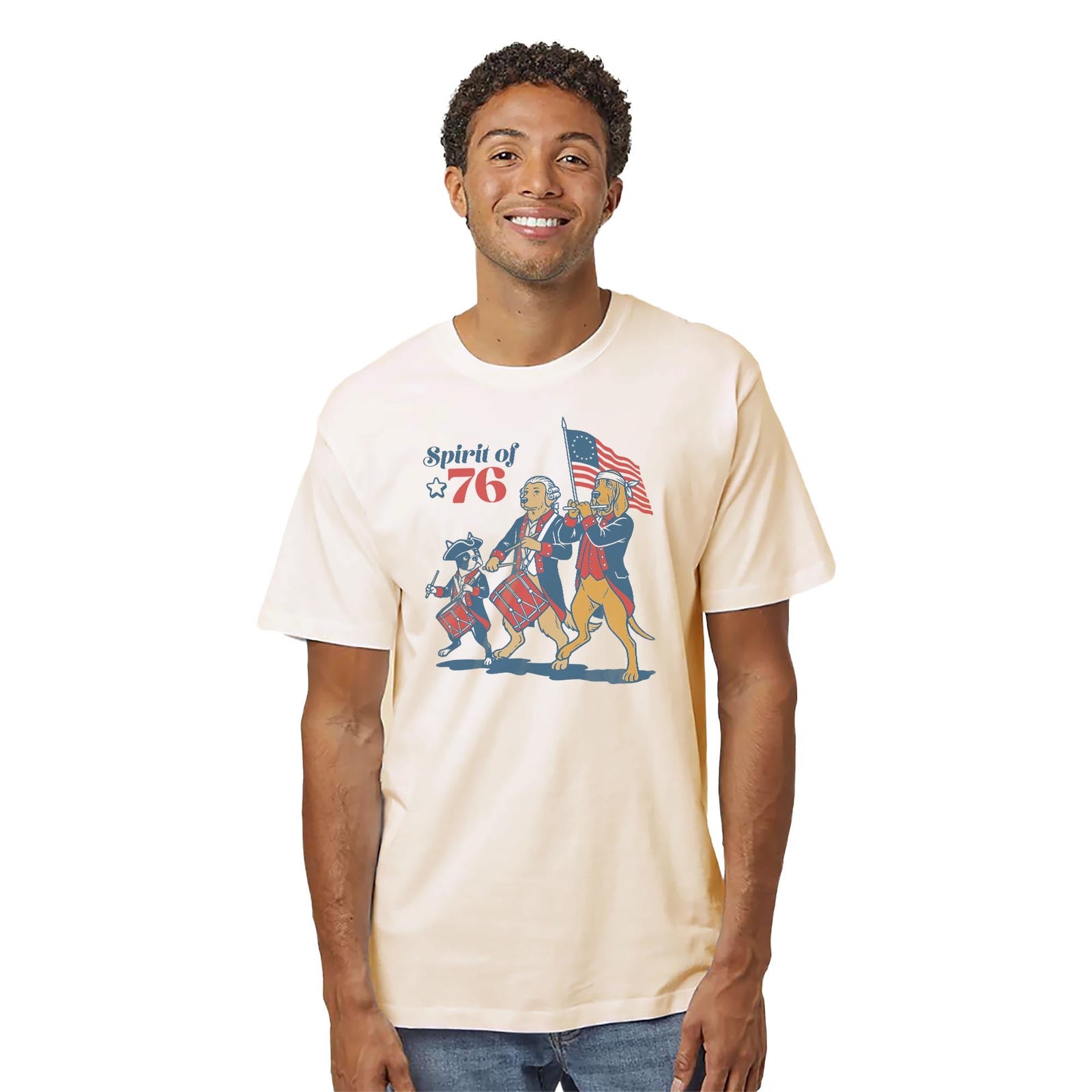 Founding Furballs Funny Organic T-shirt in Ivory On Model - Front View