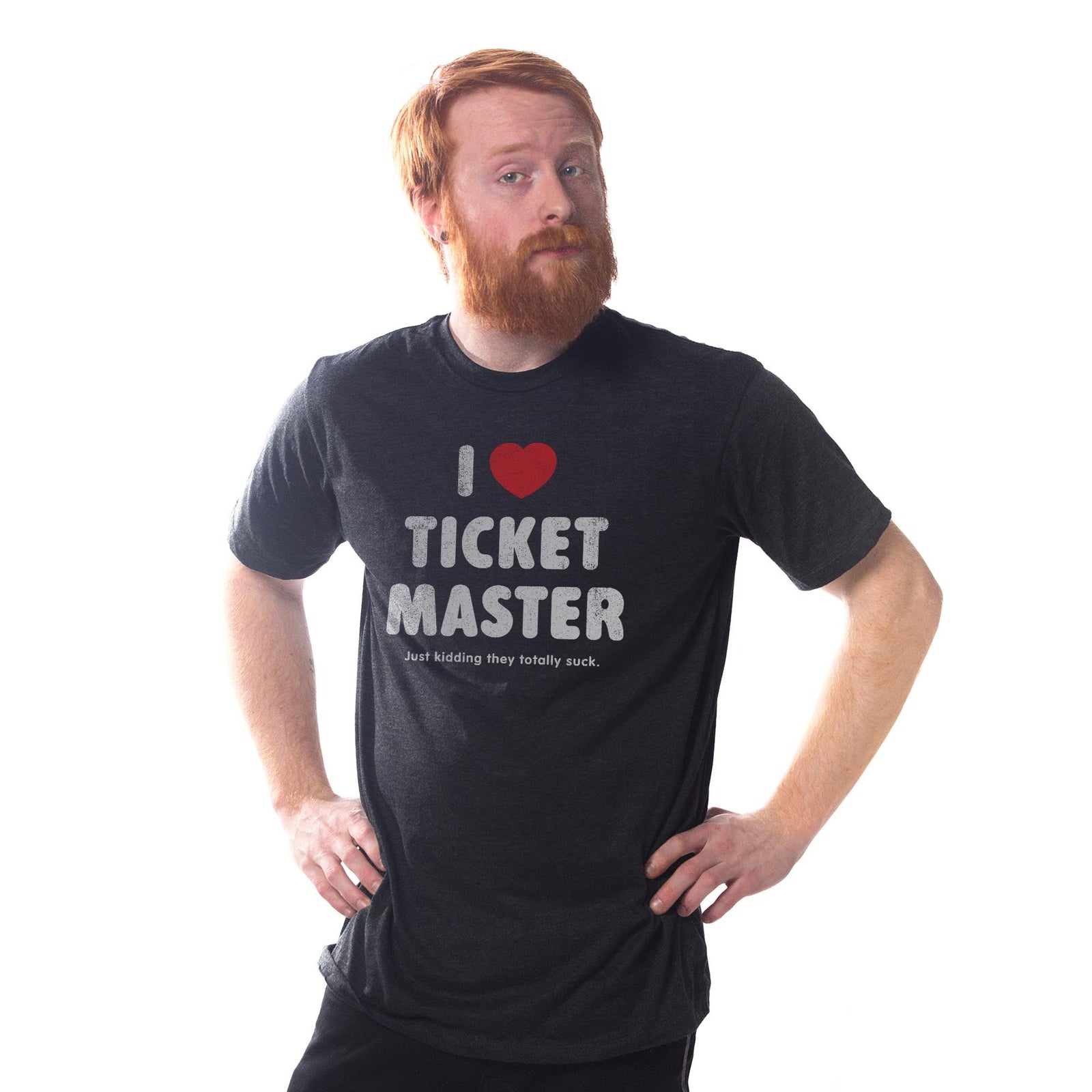 I Heart Ticketmaster (jk) Vintage Signature T-shirt in Dark Charcoal On Model - Front View
