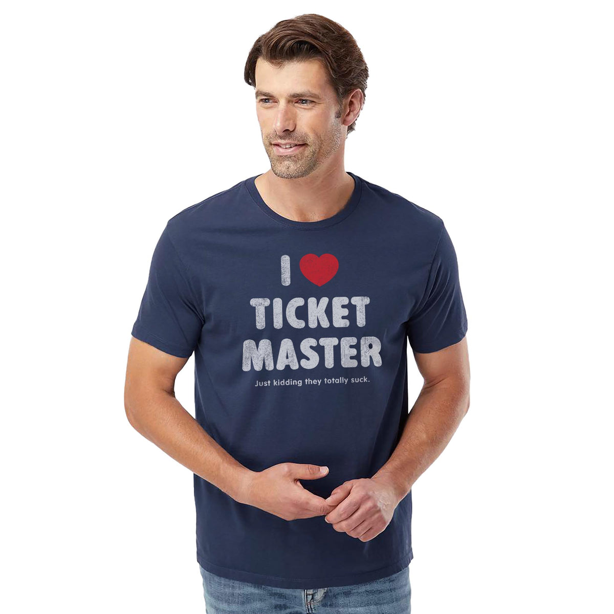 I Heart Ticketmaster (jk) Vintage Organic T-shirt in Navy On Model - Front View