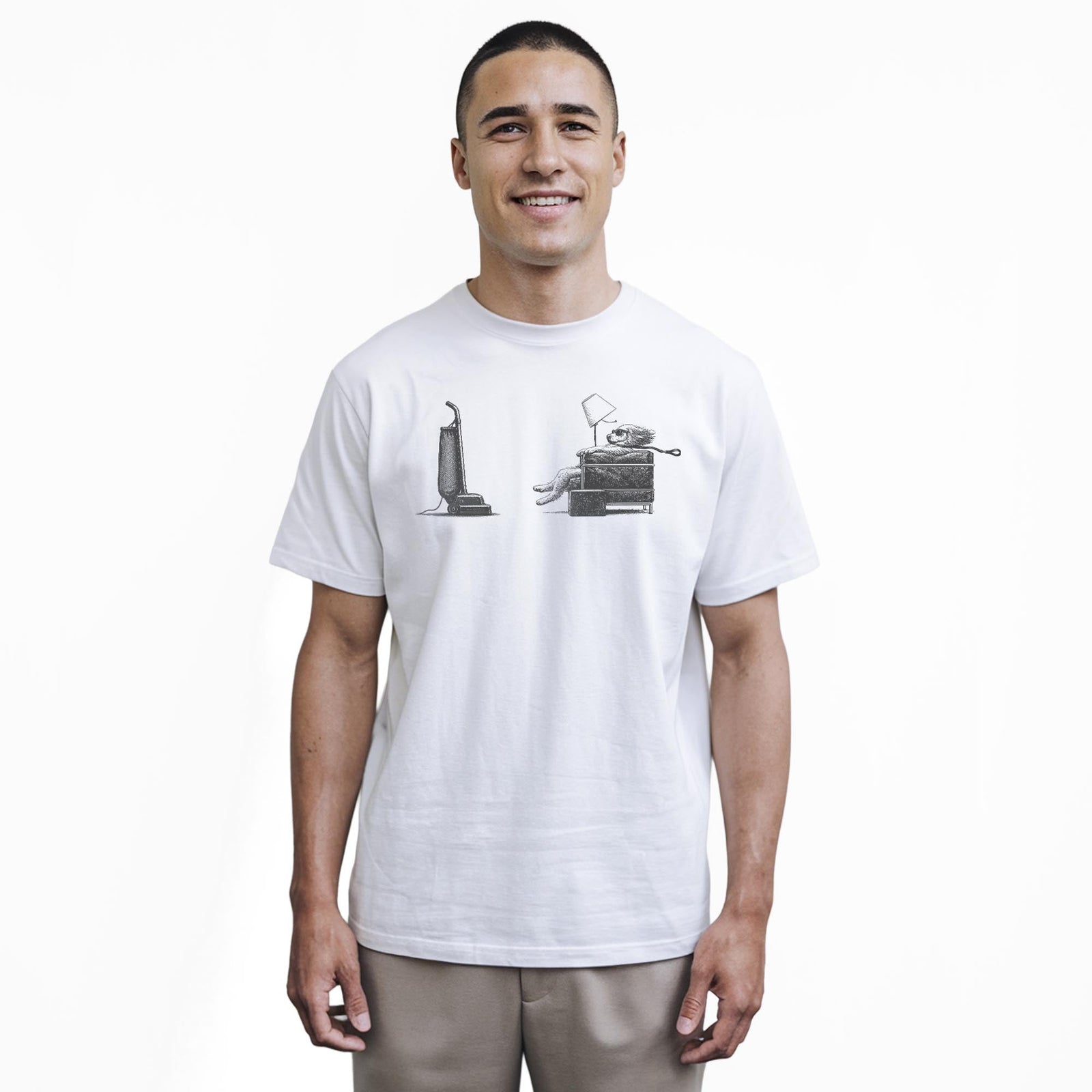 Blown Away Funny Staple T-shirt in White On Model - Front View