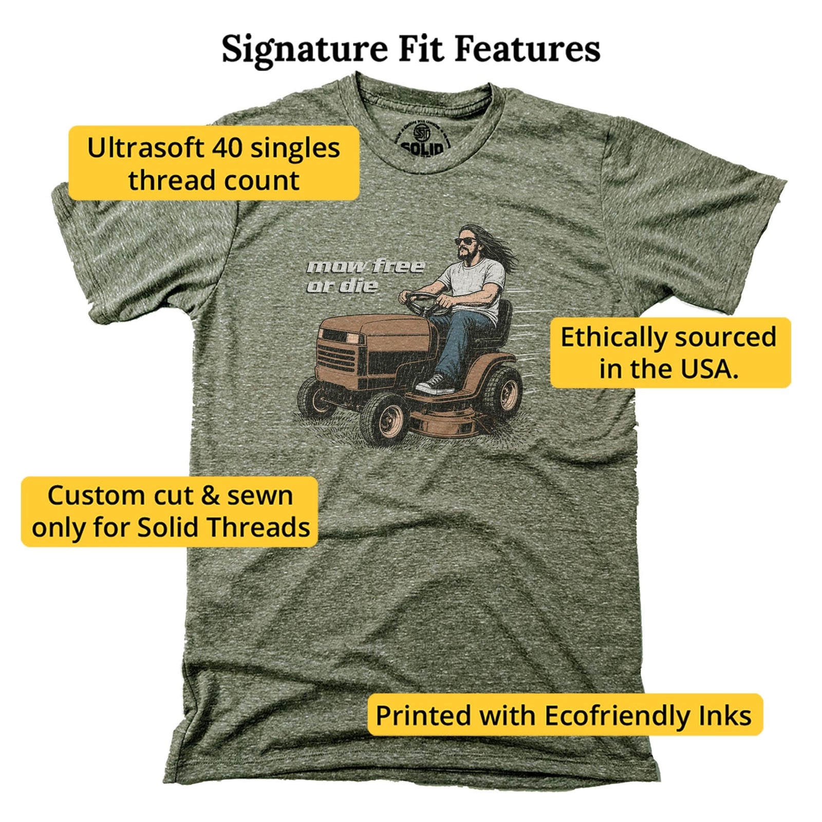 Mow Free Or Die Funny Signature T-shirt in Triblend Olive - Fit Attributes