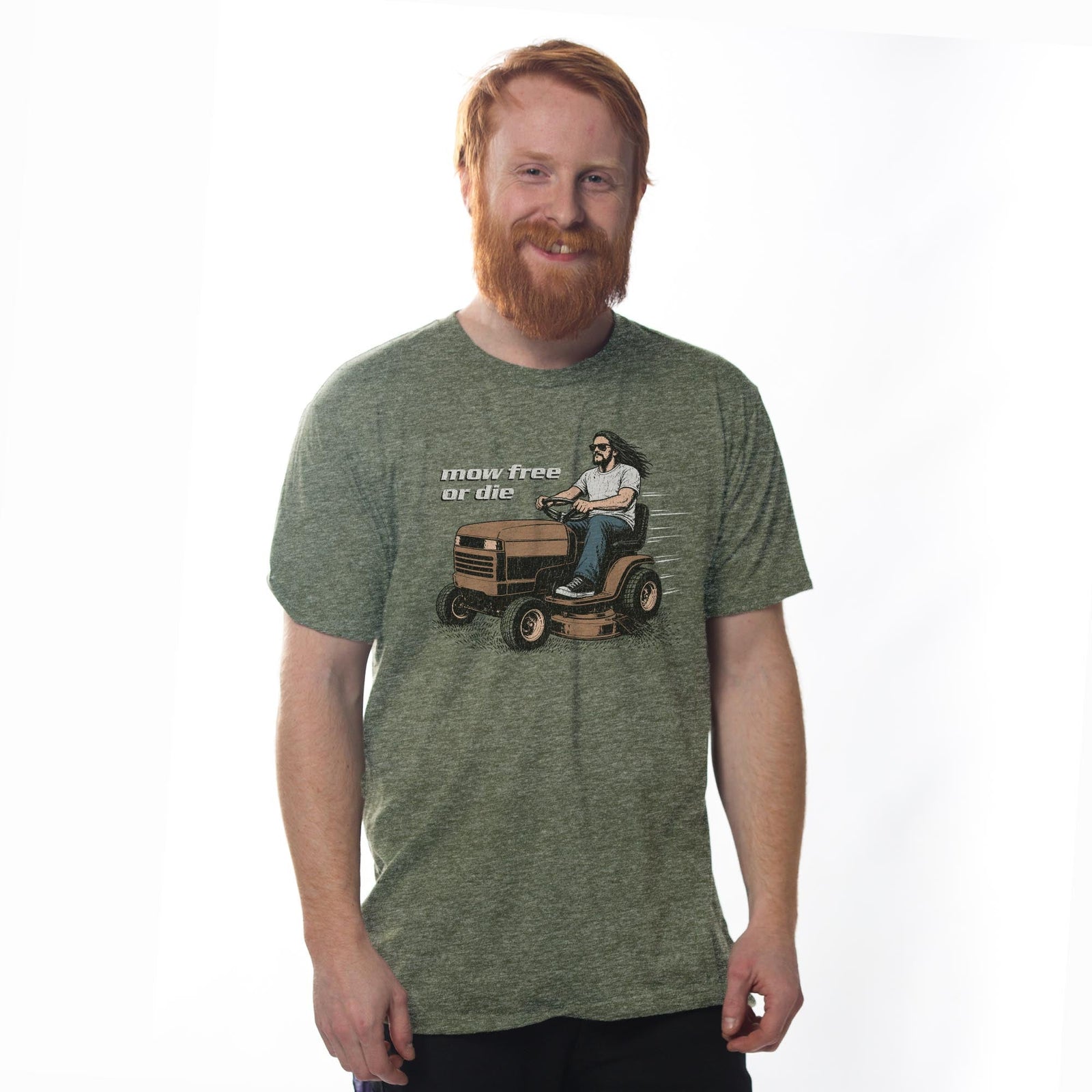 Mow Free Or Die Funny Signature T-shirt in Triblend Olive On Model - Front View