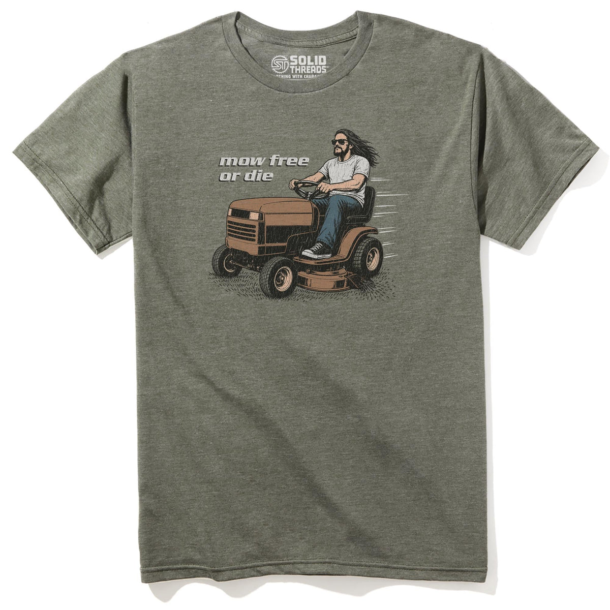 Mow Free Or Die Funny Staple T-shirt in Olive Heather - Front View