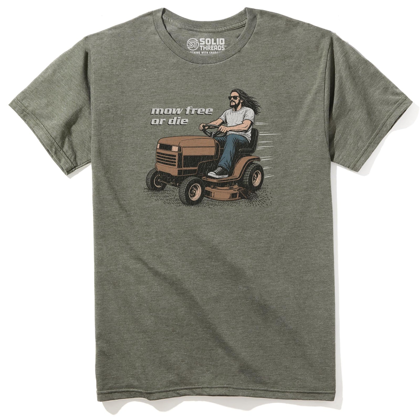 Mow Free Or Die Funny Staple T-shirt in Olive Heather - Front View