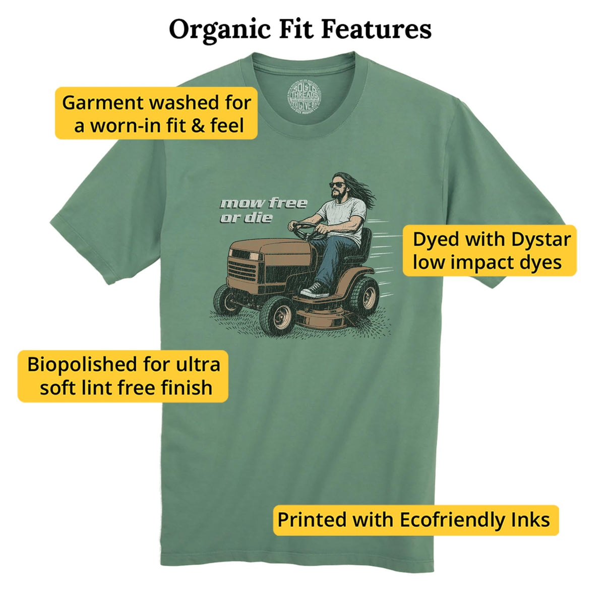 Mow Free Or Die Funny Organic T-shirt in Pine - Fit Attributes
