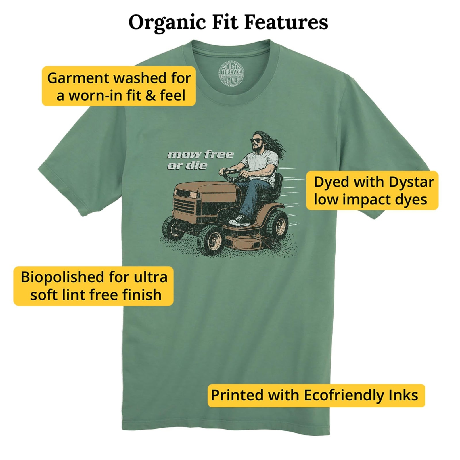 Mow Free Or Die Funny Organic T-shirt in Pine - Fit Attributes