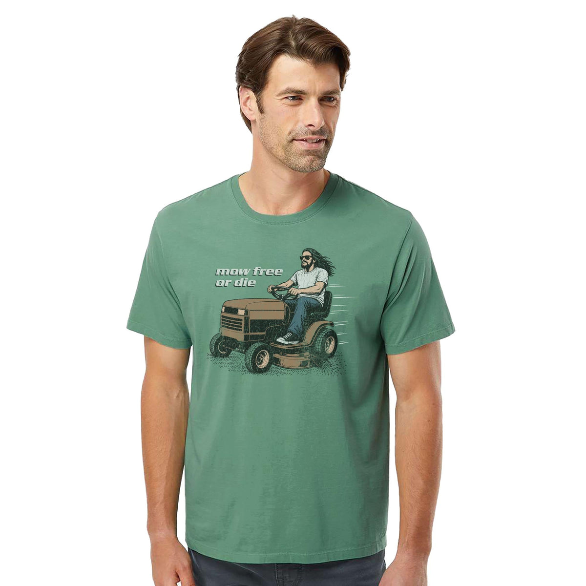 Mow Free Or Die Funny Organic T-shirt in Pine On Model - Front View