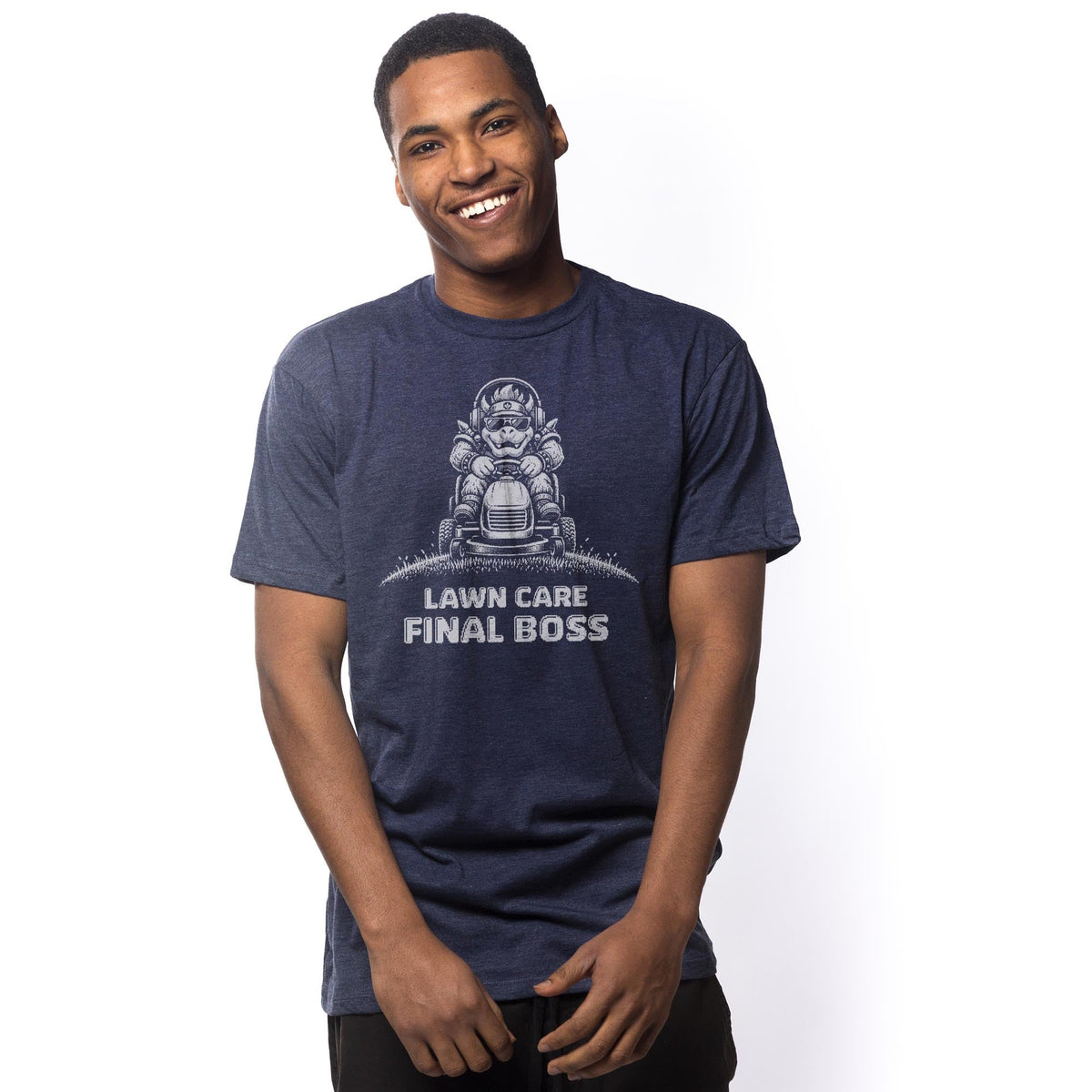 Lawn Care Final Boss Funny Signature T-shirt in Navy On Model - Front View