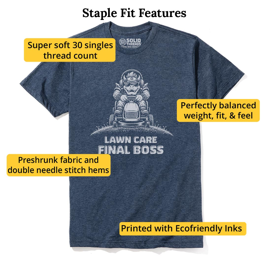 Lawn Care Final Boss Funny Staple T-shirt in Navy Heather - Fit Attributes