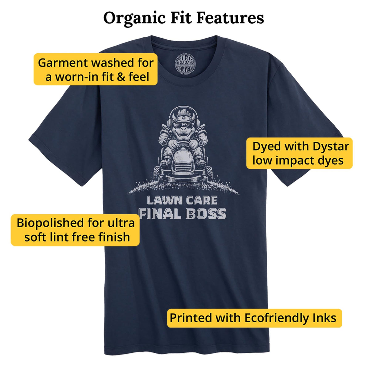 Lawn Care Final Boss Funny Organic T-shirt in Navy - Fit Attributes