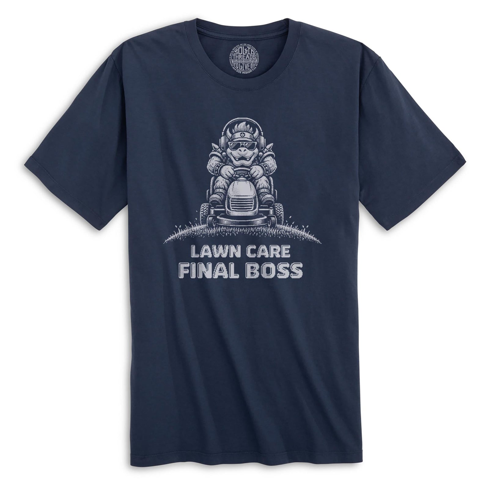 Lawn Care Final Boss Funny Organic T-shirt in Navy - Front View