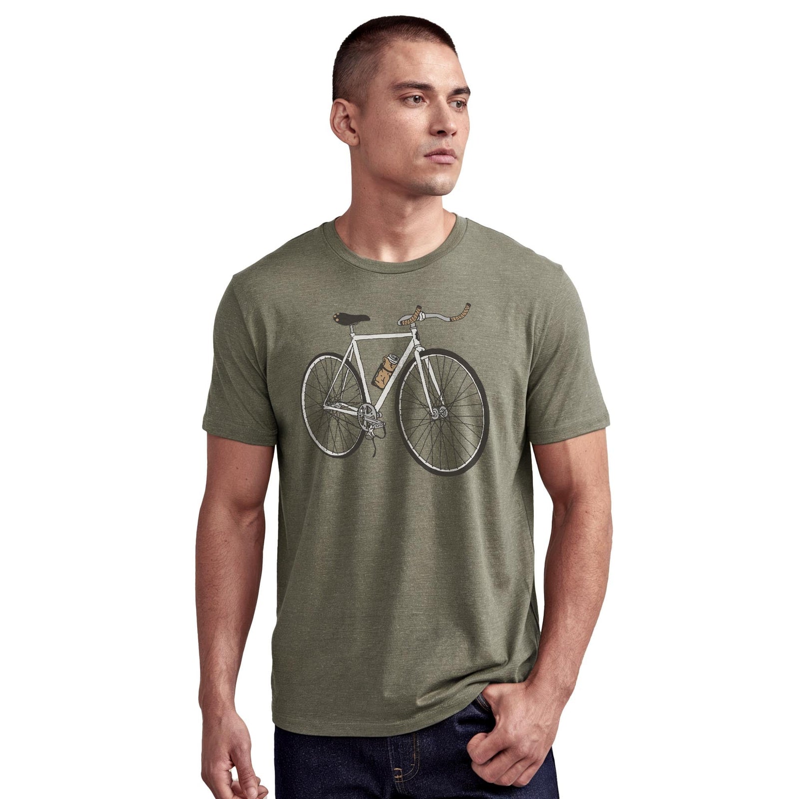 Roadie Cool Staple T-shirt in Olive Heather On Model - Front View
