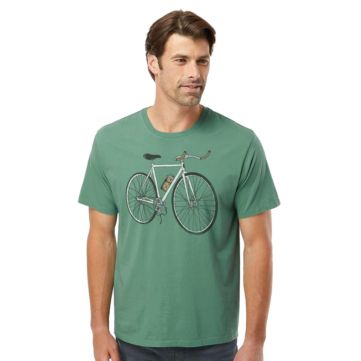 Roadie Cool Organic T-shirt in Pine On Model - Front View