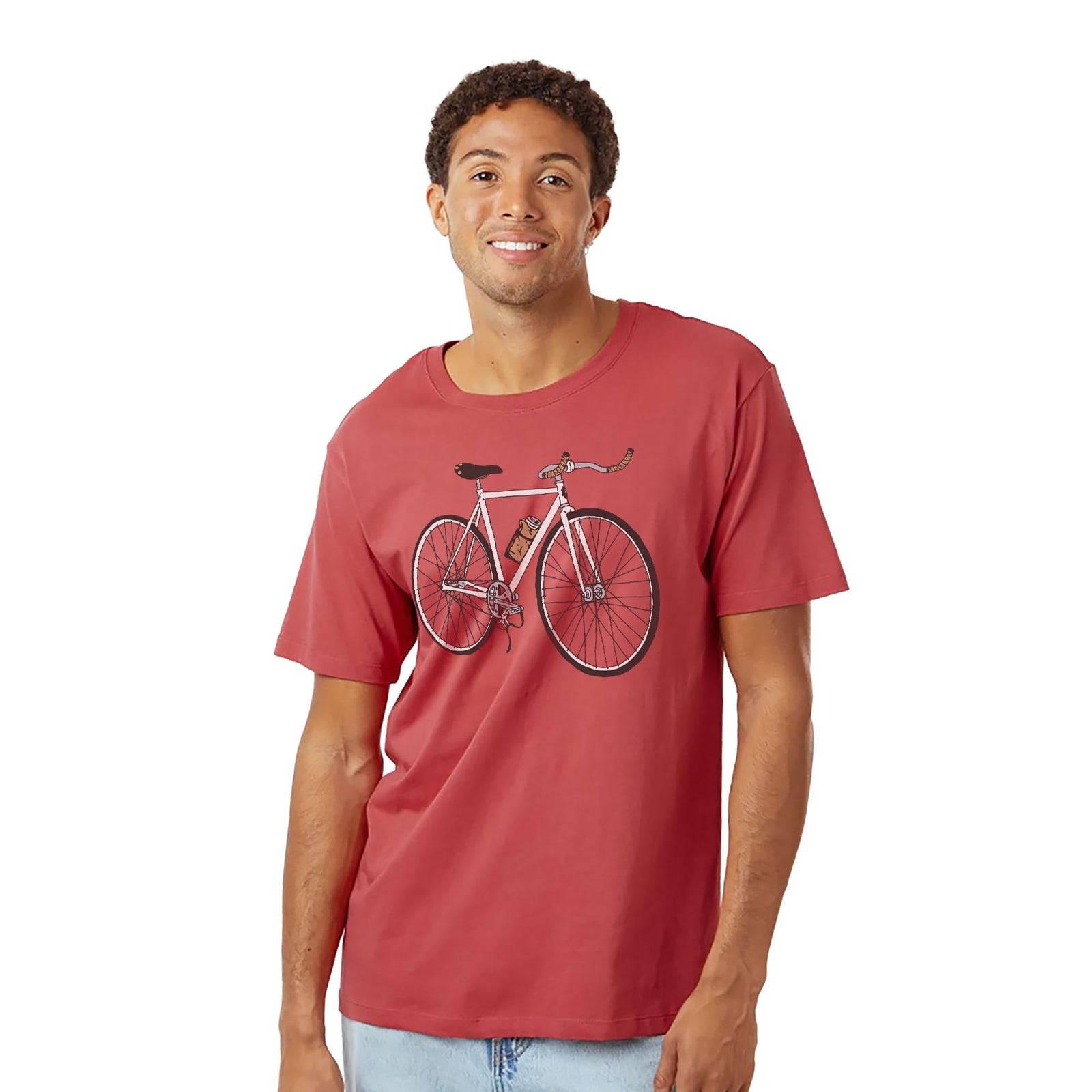 Roadie Cool Organic T-shirt in Brick On Model - Front View