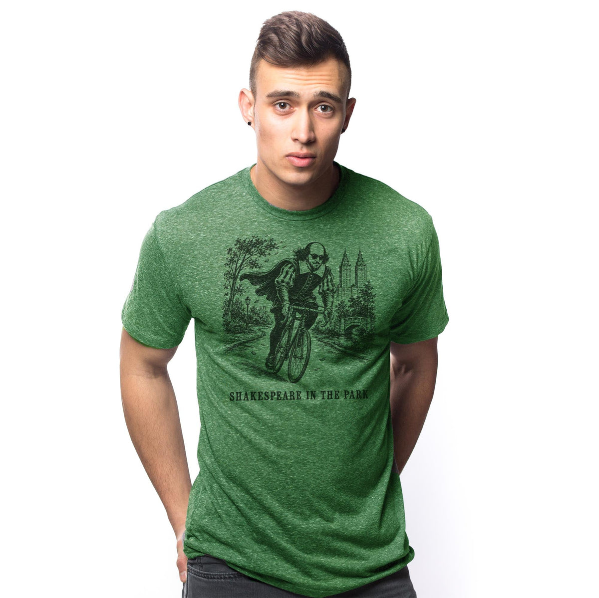 Shakespeare In The Park Funny Signature T-shirt in Triblend Kelly On Model - Front View