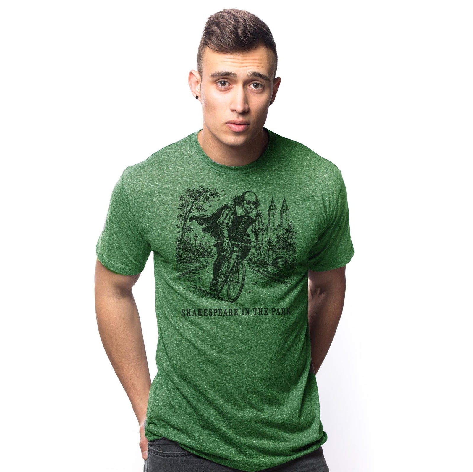 Shakespeare In The Park Funny Signature T-shirt in Triblend Kelly On Model - Front View