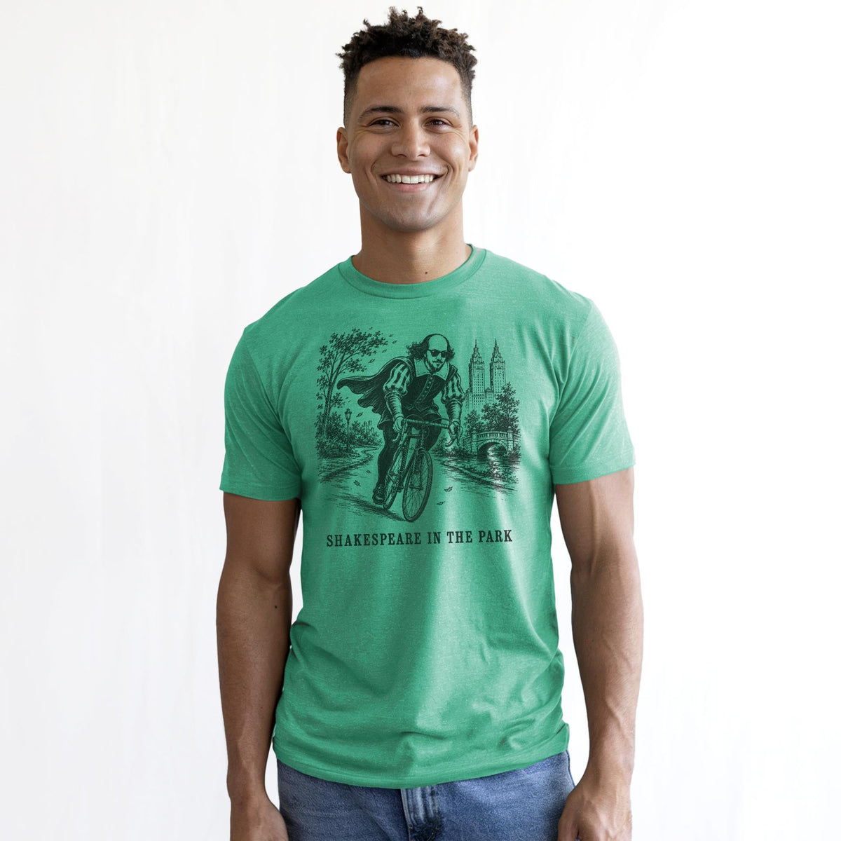 Shakespeare In The Park Funny Staple T-shirt in Kelly Heather On Model - Front View