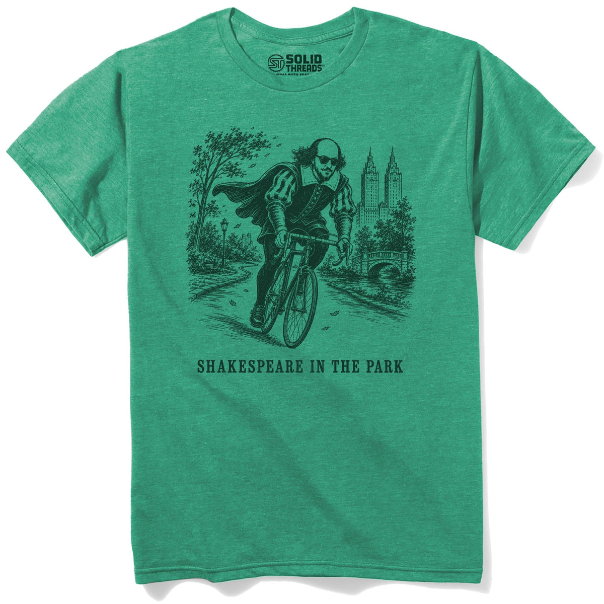 Shakespeare In The Park Funny Staple T-shirt in Kelly Heather - Front View